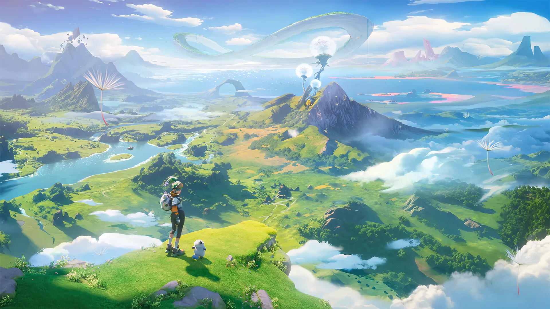 A trainer and Aniimo overlooking the world of Idyll